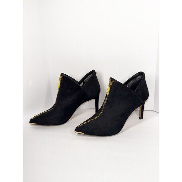 Ted Baker Millae Bootie Heels Black Suede Gold Zipper Stiletto Pointed 38.5/6 - Picture 11 of 16